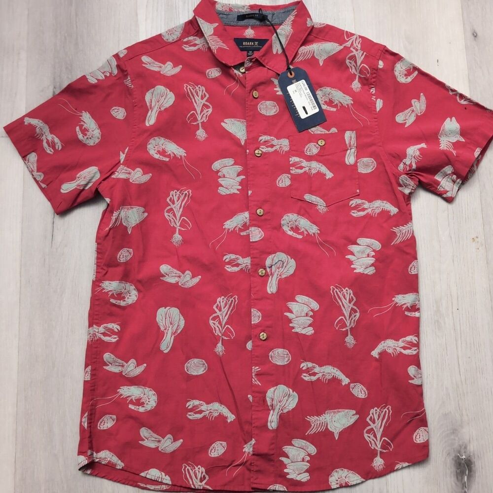 NWT Roark Shirt Mens Medium Red Classic Fit Lobster Fish Print Casual Roark